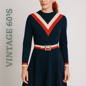 Vintage 60’s Mod Navy Red Creamy White Knit A Line Mini Dress Long Sleeve Small